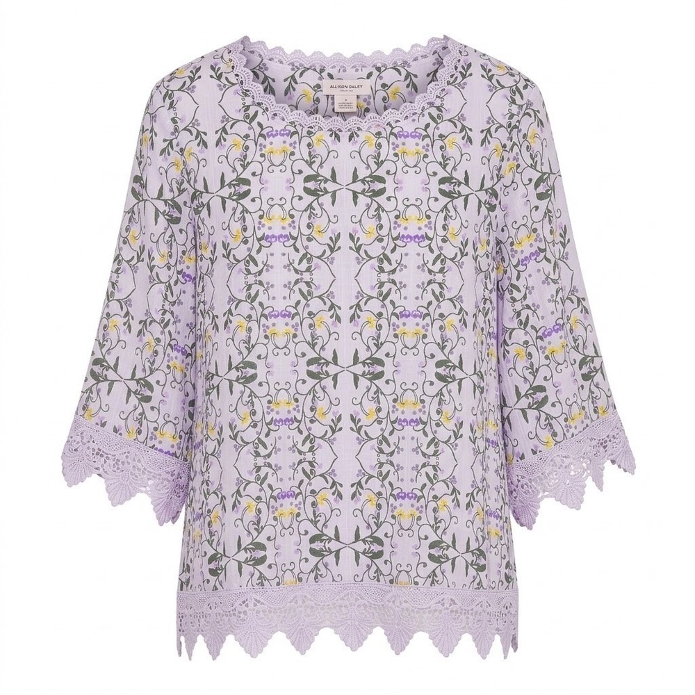 NEW Allison Daley Woman 2X Purple Floral 3/4 Sleeve Lace Blouse Top Cottagecore